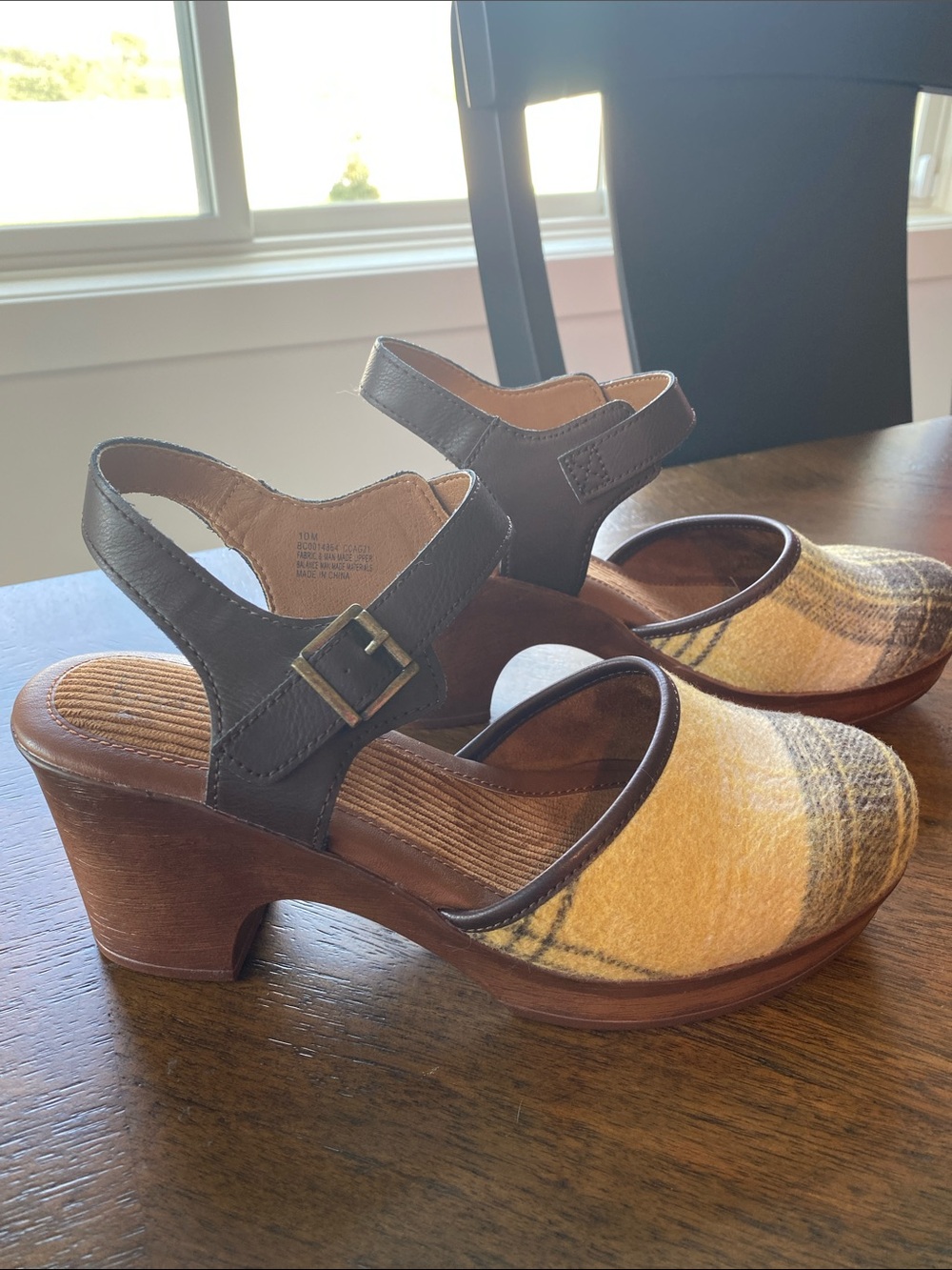 BOC Yellow Plaid Clogs with Brown Leather Straps